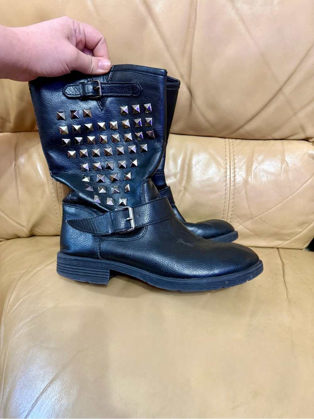 Black Studded Moto Biker Boots Women's 8 Buckle Punk Grunge Indie Sleaze